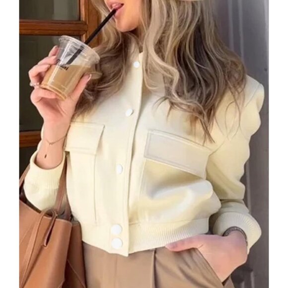 Womens Milky White Spring Varsity Bomber Jacket Cropped Button Down Casual Coat - Picture 4 of 8